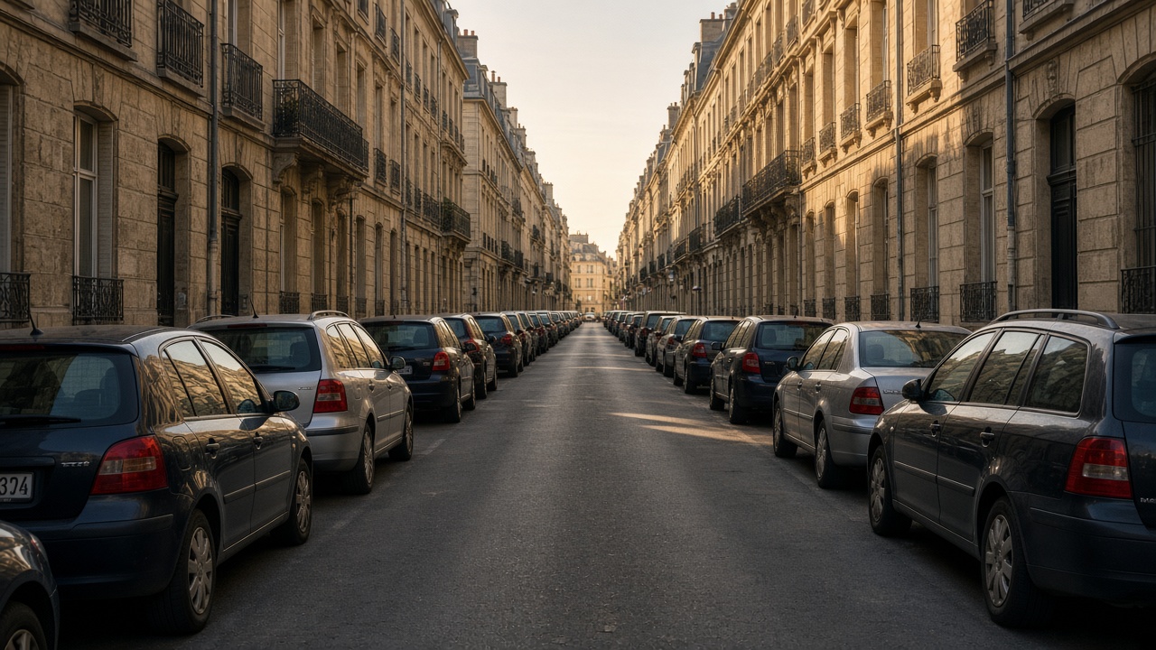 Calle urbana llena de coches aparcados, sin huecos libres